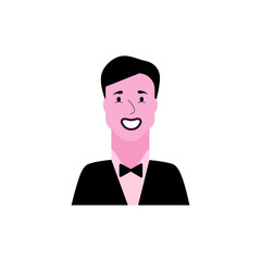 Сute avatar of happy smiling man in bow tie and tuxedo. Icon of simple character. Stylish guy.