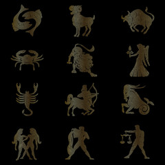 Set of signs of the zodiac, symbols of the zodiac, linear drawing, signs of the zodiac with golden lines on a black background, vector illustration, eps 10