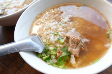 Boiled rice with pork close up food