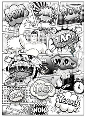 Black and white comic book page divided by lines with speech bubbles, rocket, superhero and sounds effect. Vector illustration