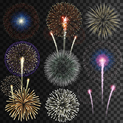 Big set of isolated vector fireworks on transparent background