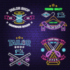 Tailor shop neon design or emblem. Vector. Night neon signboard. Vintage typography design with sewing needle and spool of thread silhouette. Retro design for sewing shop business