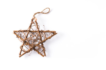 Christmas wooden star isolated on white background. Copyspace