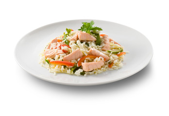 Ensalada de salmón  sobre fondo blanco. salmon salad on white background