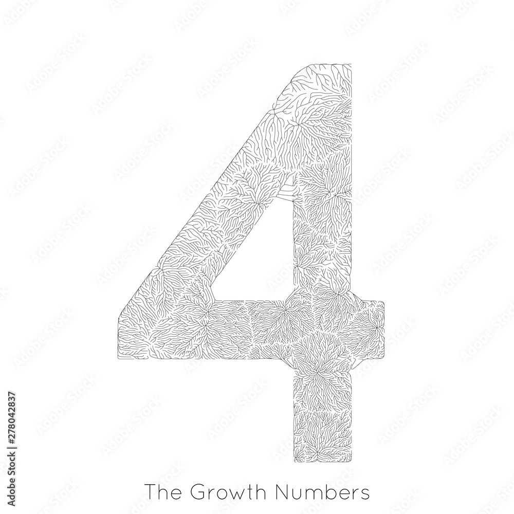 Poster vector generative branch growth number 4. lichen like organic structure with veins form number shape