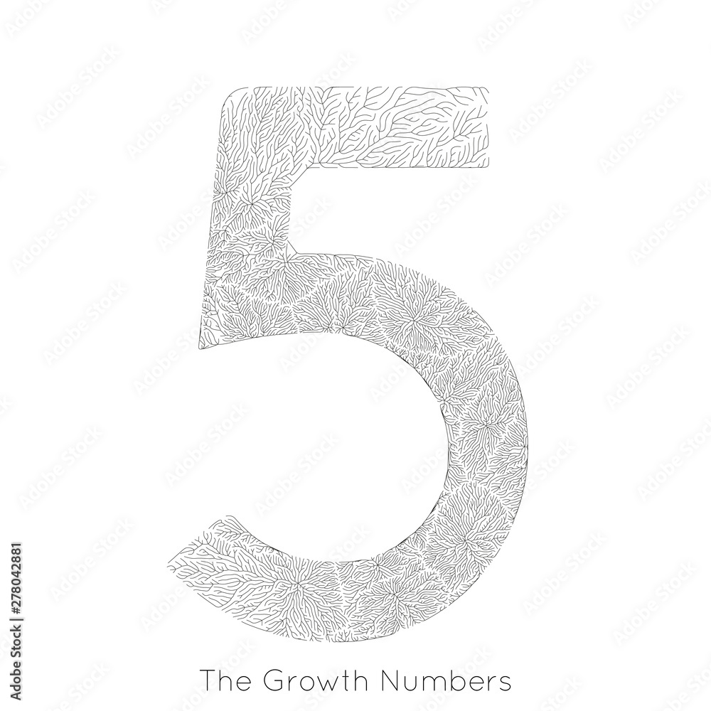 Poster vector generative branch growth number 5. lichen like organic structure with veins form number shape