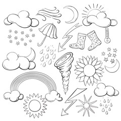  Set of hand drawn weather symbols . Elements for weather forecasting. Vector illustration.