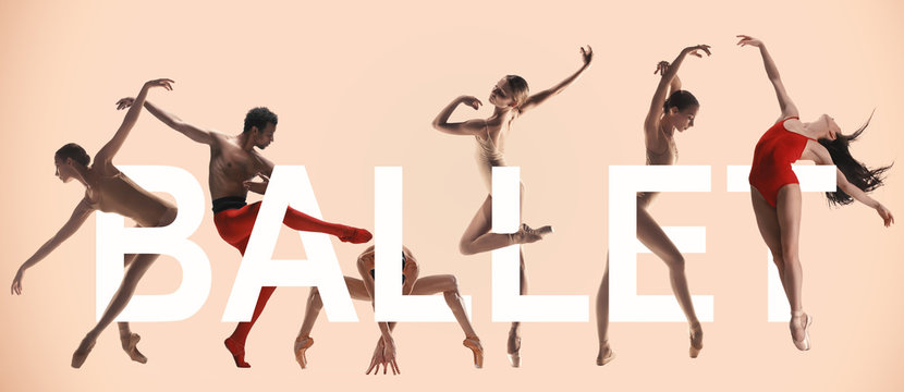 Young graceful ballet dancers with lettering. Woman's and man's beautiful dance in red clothes. Grace, artist, contemporary, movement concept. Creative collage. made of different photos of 5 models.