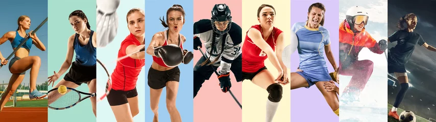 Foto op Plexiglas Creative collage made of photos of 9 models. Tennis, pole vault, badminton, hockey, volleyball, football, soccer, snowboarding female players or team. Sport, action, healthy lifestyle concept. © master1305