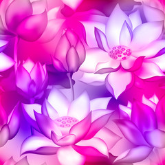 Lotus buds and flowers seamless fabric print., Water lilly nelumbo aquatic plant illustration.