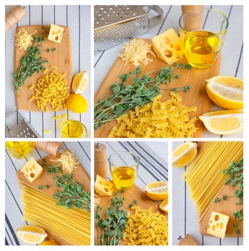 Collage from different pictures of tasty pasta.
