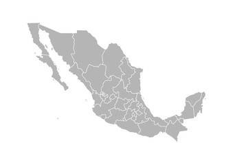 Vector isolated illustration of simplified administrative map of Mexico (United Mexican States)﻿. Borders of the provinces (regions). Grey silhouettes. White outline