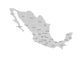 Vector isolated illustration of simplified administrative map of Mexico (United Mexican States)﻿. Borders and names of the provinces (regions). Grey silhouettes. White outline