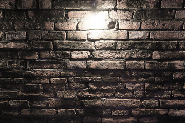 Grungy dark red brick wall with spotlight,  texture background.