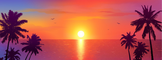 Fototapeta Dark palm trees silhouettes on colorful tropical ocean sunset background, vector illustration obraz