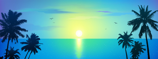 Dark palm trees silhouettes on blue tropical ocean sunrise background, vector illustration - obrazy, fototapety, plakaty