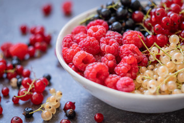 Fresh organic homegrown seasonal fruits such as raspberry, redcurrant, blackcurrant and whitecurrant