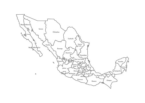 Vector isolated illustration of simplified administrative map of Mexico (United Mexican States)﻿. Borders and names of the regions. Black line silhouettes
