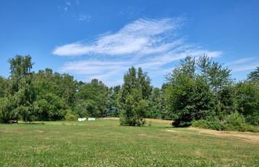 Fototapeta na wymiar Rural summer landscape in the Spessart highlands with a clean cut meadow, trees and a blued sky with clouds