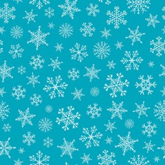 Vector Merry Christmas seamless pattern. Cute background with white snowflakes in different shapes and forms. Many cold flake elements on blue background, Xmas concept. Snow flakes illustration.