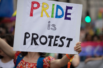 A person holding a pride is protest banner at a gay pride event