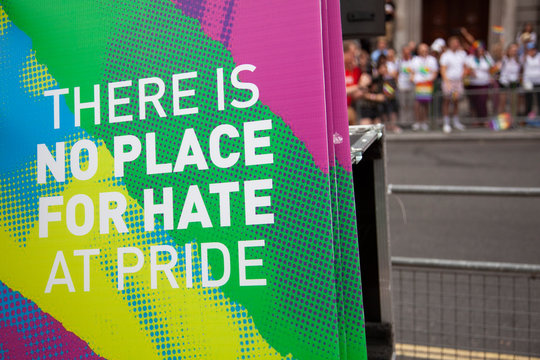 There is no place for hate at pride banner at a gay pride event