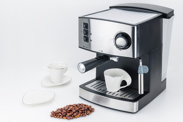 Espresso coffee machine on the white background with copy space