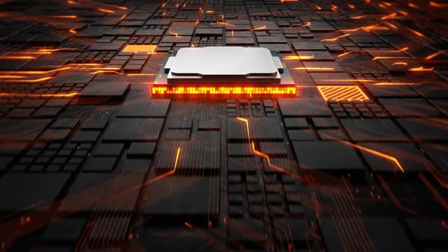 Abstract Motherboard circuit with CPU, microchips and animated electric signals 3d render