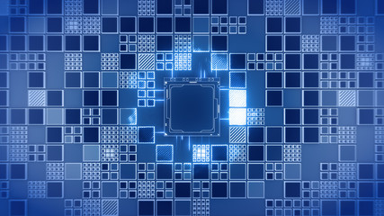 Abstract Motherboard circuit with CPU, microchips, electric wave and signals 3d render