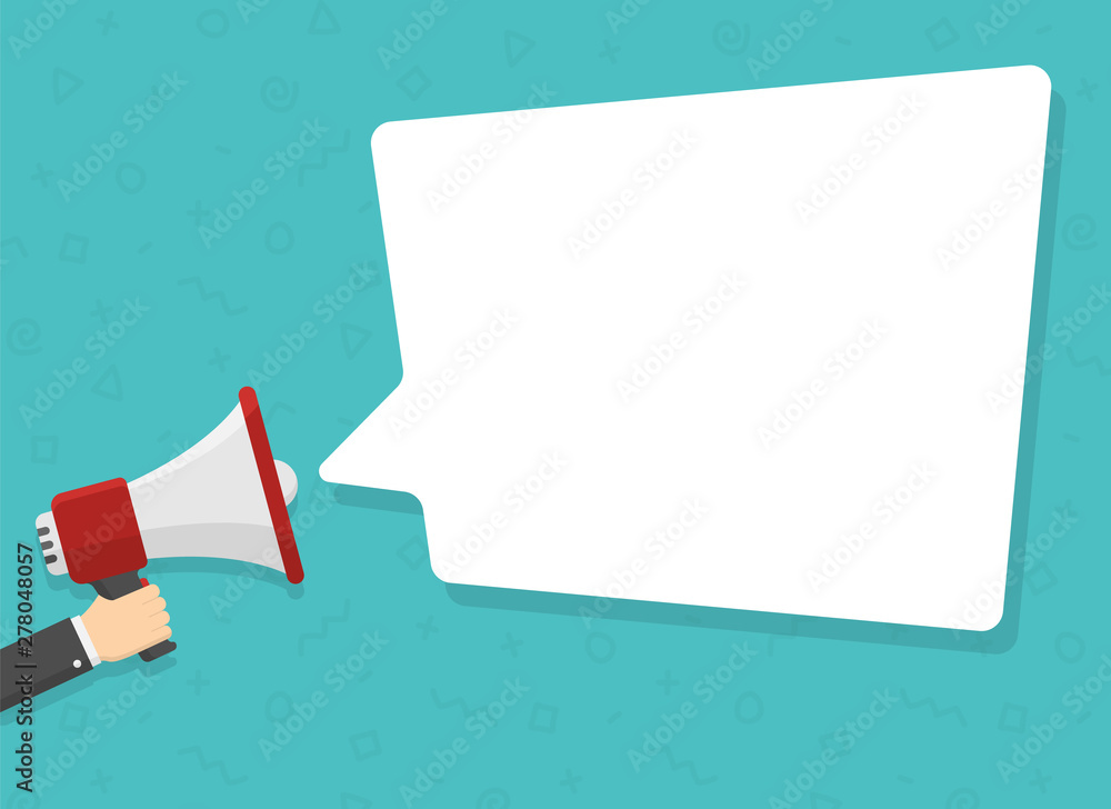 Poster realistic red megaphone in hand with place for text in white dialog speech bubble vector illustratio