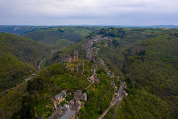 A picturesque village build on a hill.  Najac town, Aveyron, France