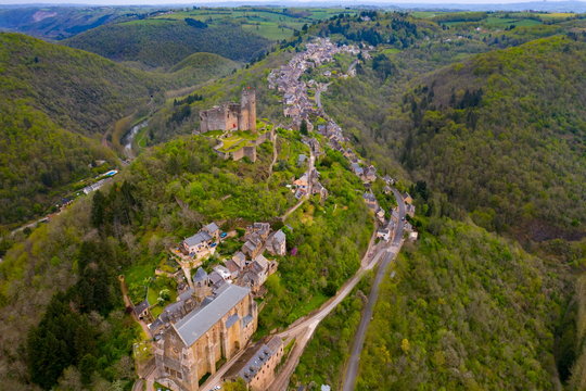 Aerial view of Ch&acirc;teau de Najac (Castle of Najac) is one of a group of 23 castles in Aveyron who have joined together to provide a tourist itinerary as the Route des Seigneurs du Rouergue. The castle 