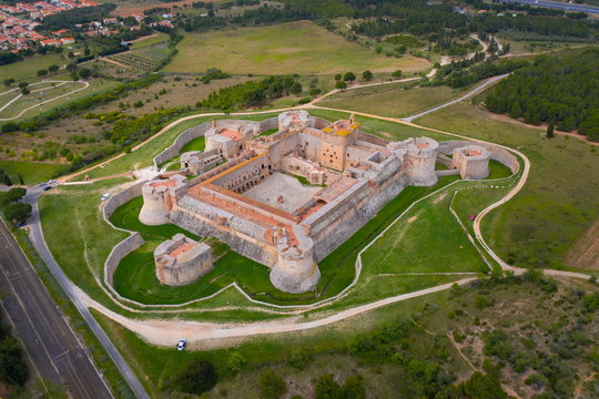 Aerial landscape of Salses-le-Château or just Salses  is in the Pyrénées-Orientales department in southern France. It is located north of the city of Perpignan and it's famous by the hidden fortress