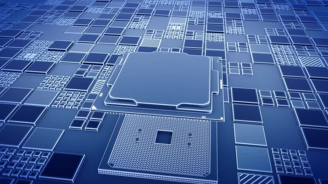 Installing CPU on Motherboard circuit with microchips, electric wave and signals 3d render
