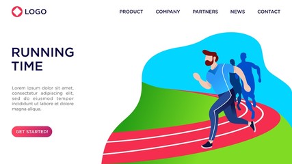 People running on the city park. Landing page and header concept. Flat vector illustration