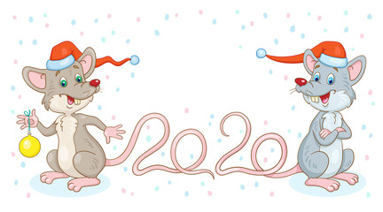 Two funny rats symbols of the New Year in a red caps. In cartoon style. Isolated on white background.