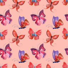Watercolor background with colored butterflies