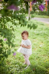Little cute girl near the blooming lilac. Spring.
