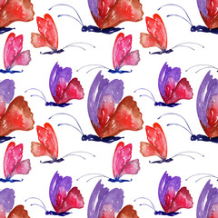 Watercolor background with colored butterflies