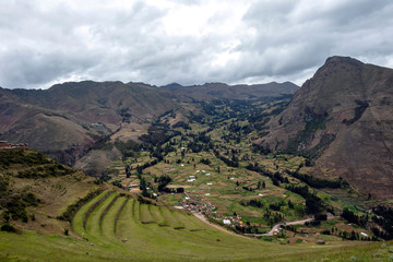 View at the agriculture Inca terraces used for plants farming, Archeological Park in Sacred Valley, Pisac near Cusco, Peru