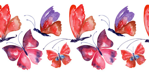 Watercolor background with colored butterflies