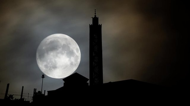 Tangier Grand Mosque, Night with Full Moon in Time Lapse, Tangier, Morocco