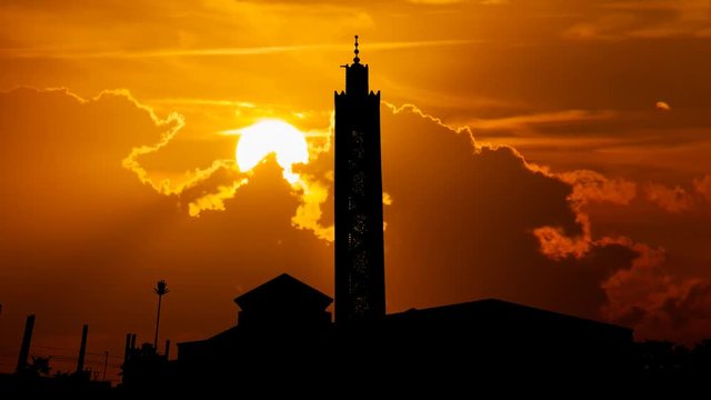 Tangier Grand Mosque in Silhouette: Time Lapse at Sunset, Tangier City, Moroco