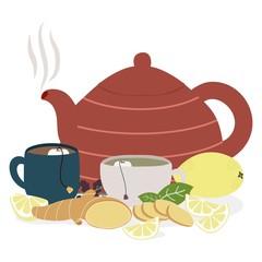 Ginger tea. Herbal tea treatment. Vector teapot, hot ginger lemon mint drink. Cups, citrus, ginger root, mint leaves illustration