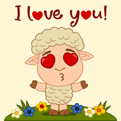 Funny lamb spread her hands for a kiss, text I love you