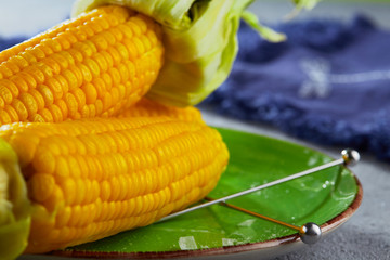 Two ears of boiled corn with skewers on a plate in the kitchen. Selective focus.