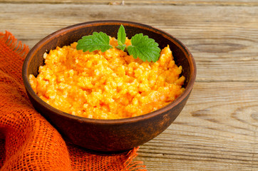 Dish of pumpkin and rice cereals, diet porridge. 