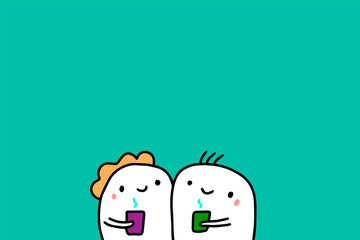 Cartoon people hand drawn vector illustration. Holding cups with hot drink. Coffee