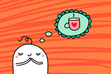 Cartoon man dreaming about cup of hot coffee hand drawn vector illustration on orange textured background