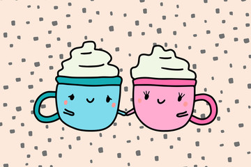 Two cups of coffee hot holding hand couple in love, pink blue with cream